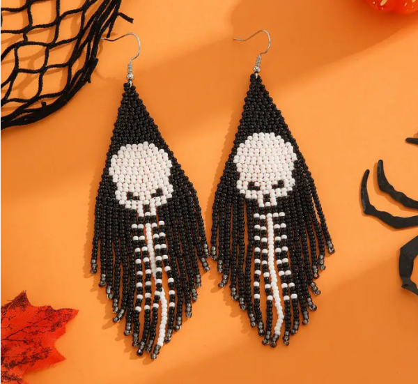 Ghost Pattern Beaded Tassel Design Dangle Earrings Cartoon Vocation Style Halloween Ear Ornaments Female Gift