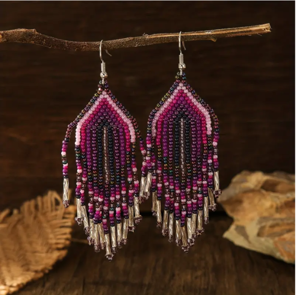 Geometric Shape Beads Tassel Dangle Earrings Retro Bohemian Style Holiday Ear Ornaments Female Trendy Gift